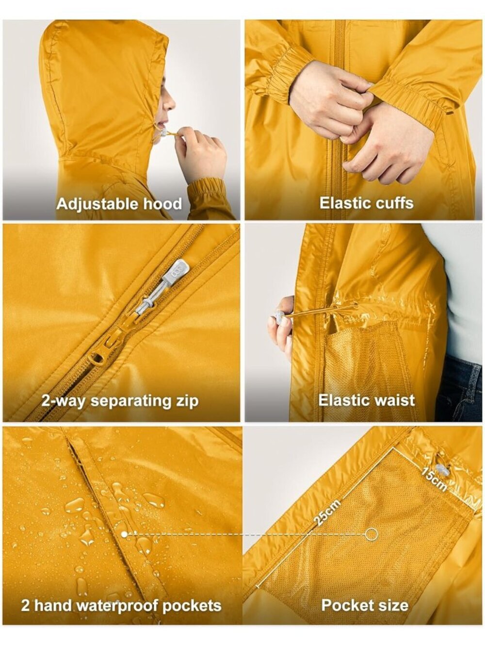 Women's Waterproof Long Packable Rain Jacket Amber Gold with Hood Trench Coats - Picture 5 of 6